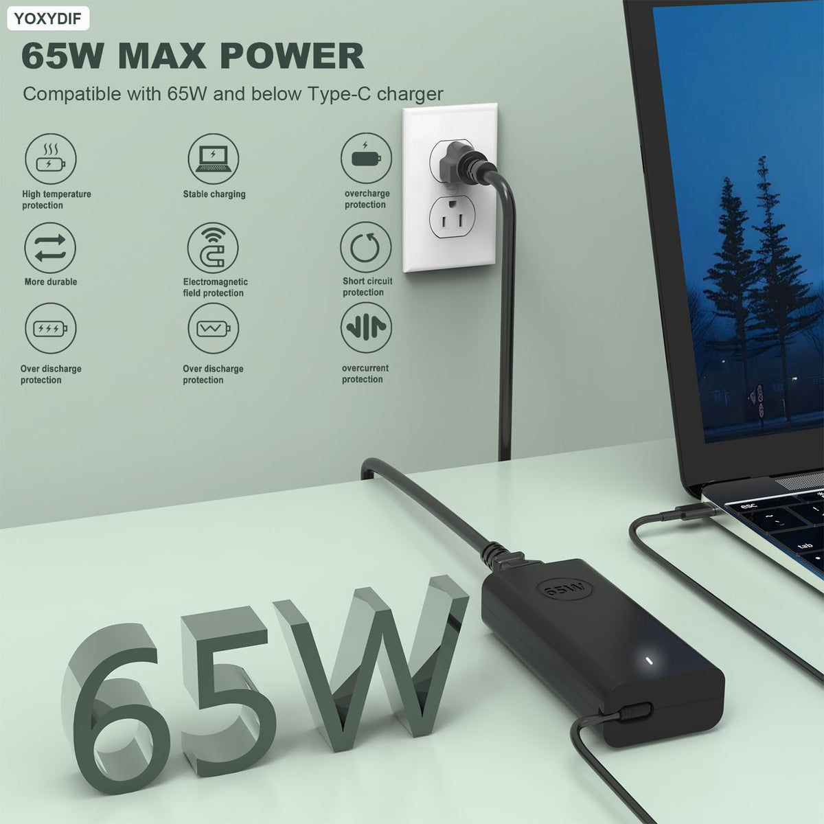 YOXYDIF 65W USB C charger delivering power for high demand devices