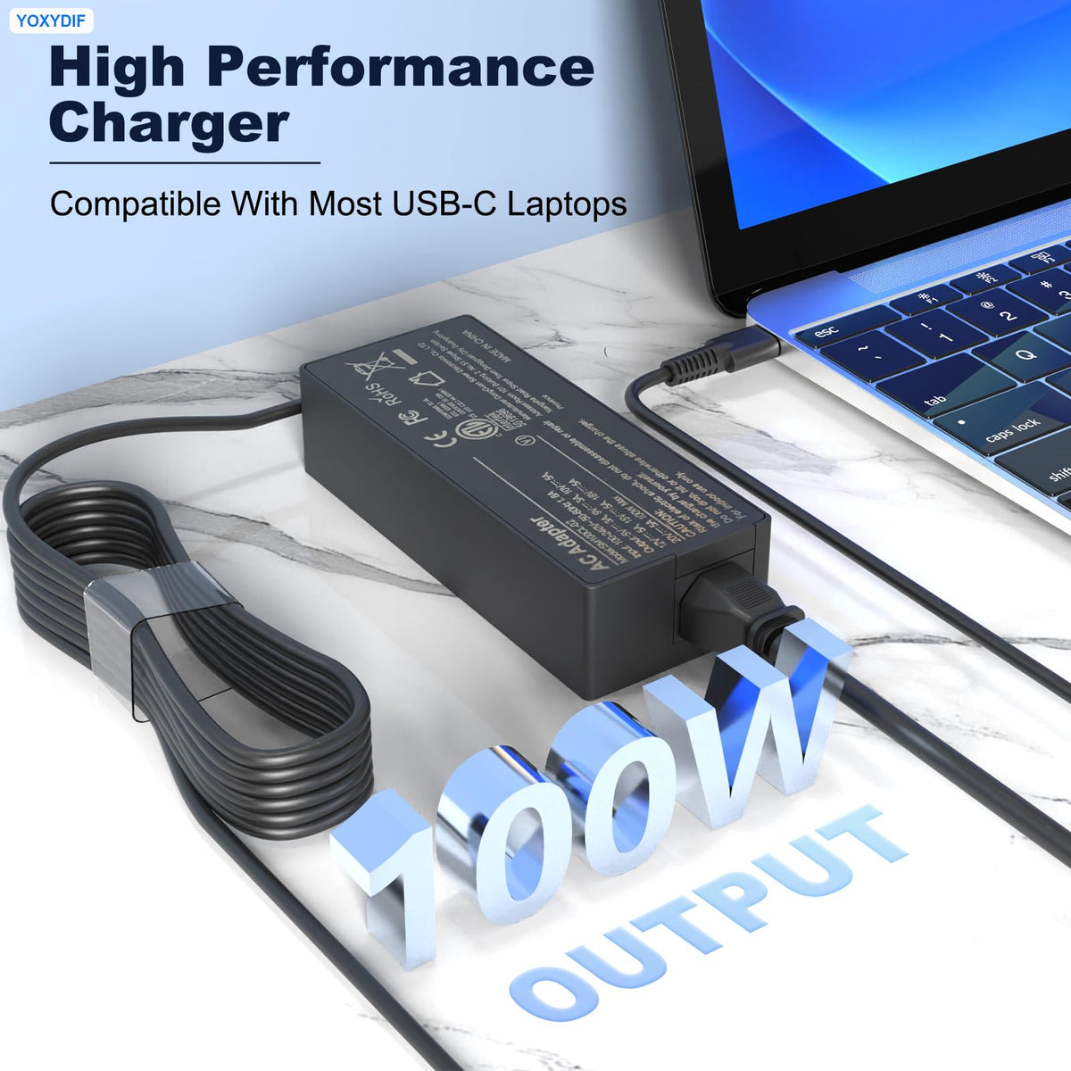 YOXYDIF USB-C laptop charger ports side view shows broad compatibility.