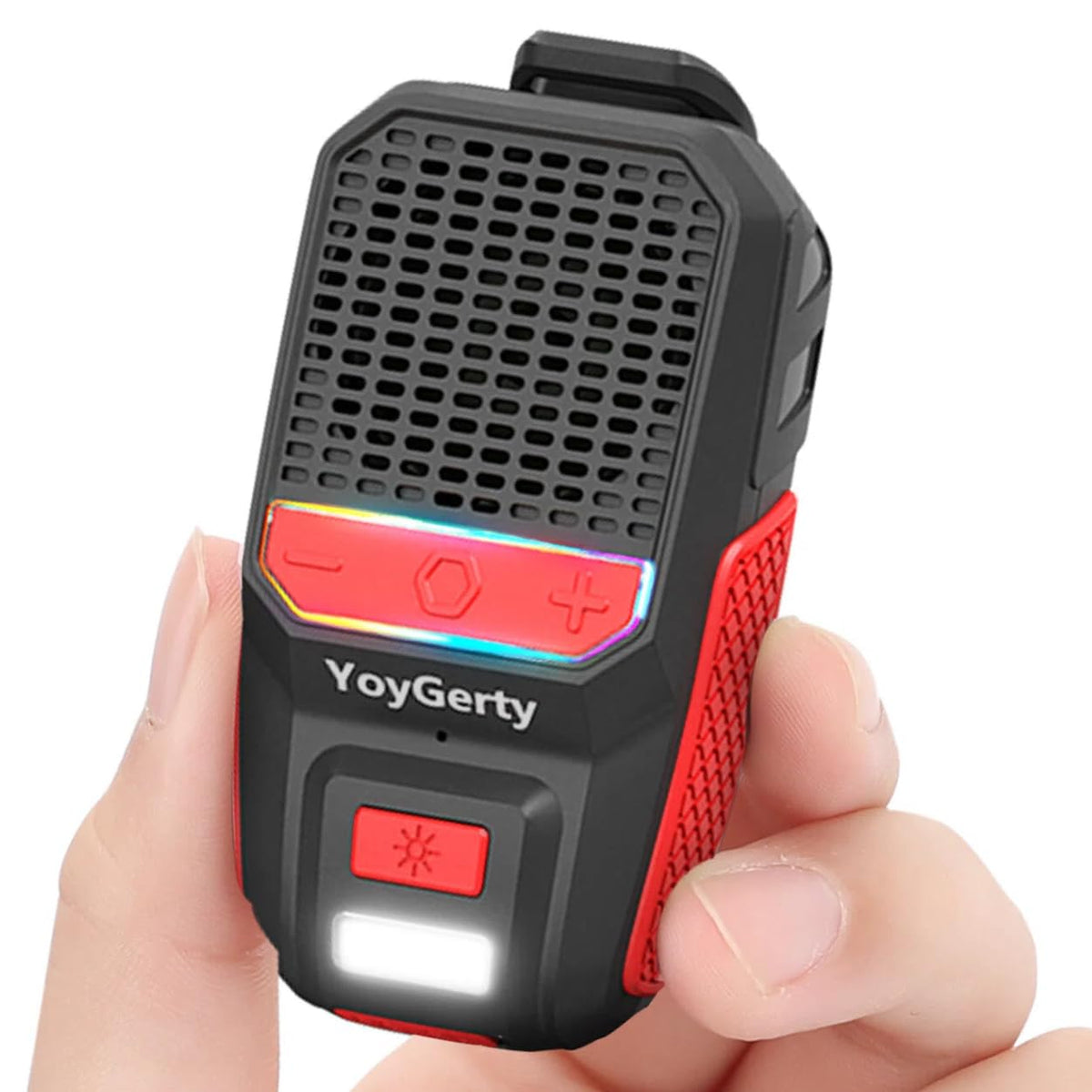 yoygerty front view showing red clip-on speaker and visible control buttons for portability