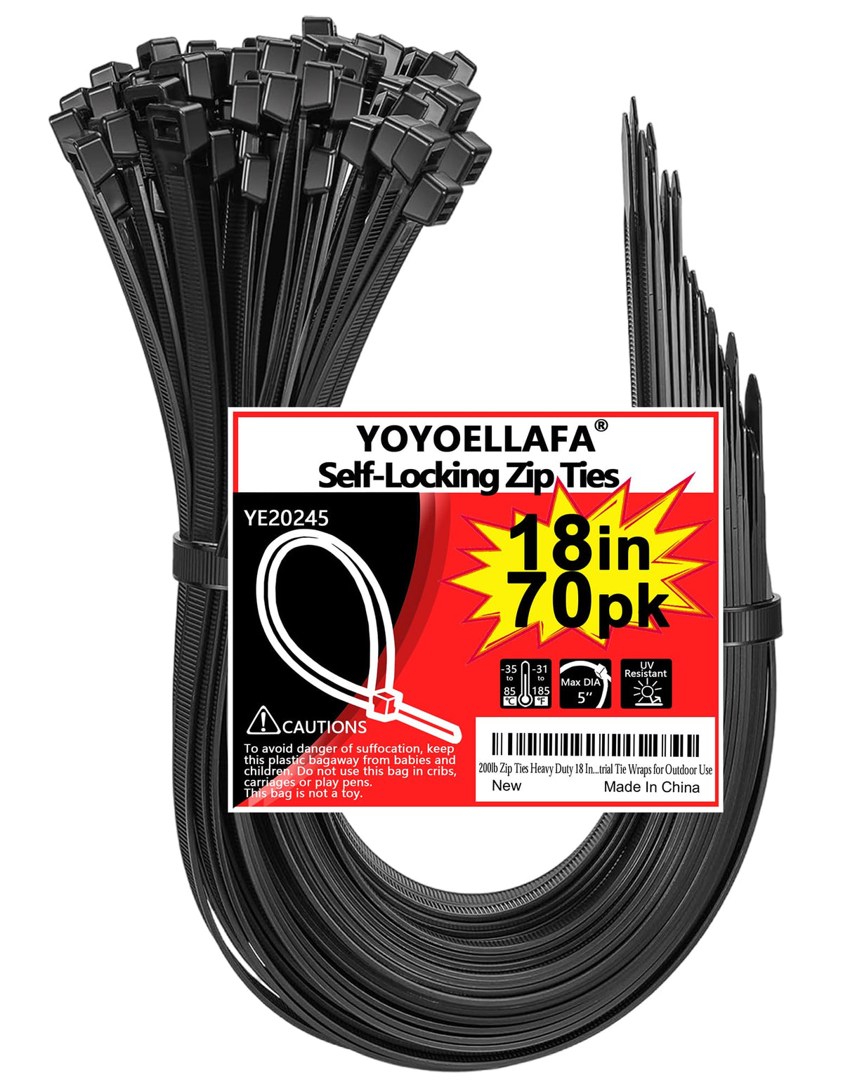 Yoyoellafa 18-inch heavy-duty zip tie, 70-piece pack, ideal for sturdy organization.