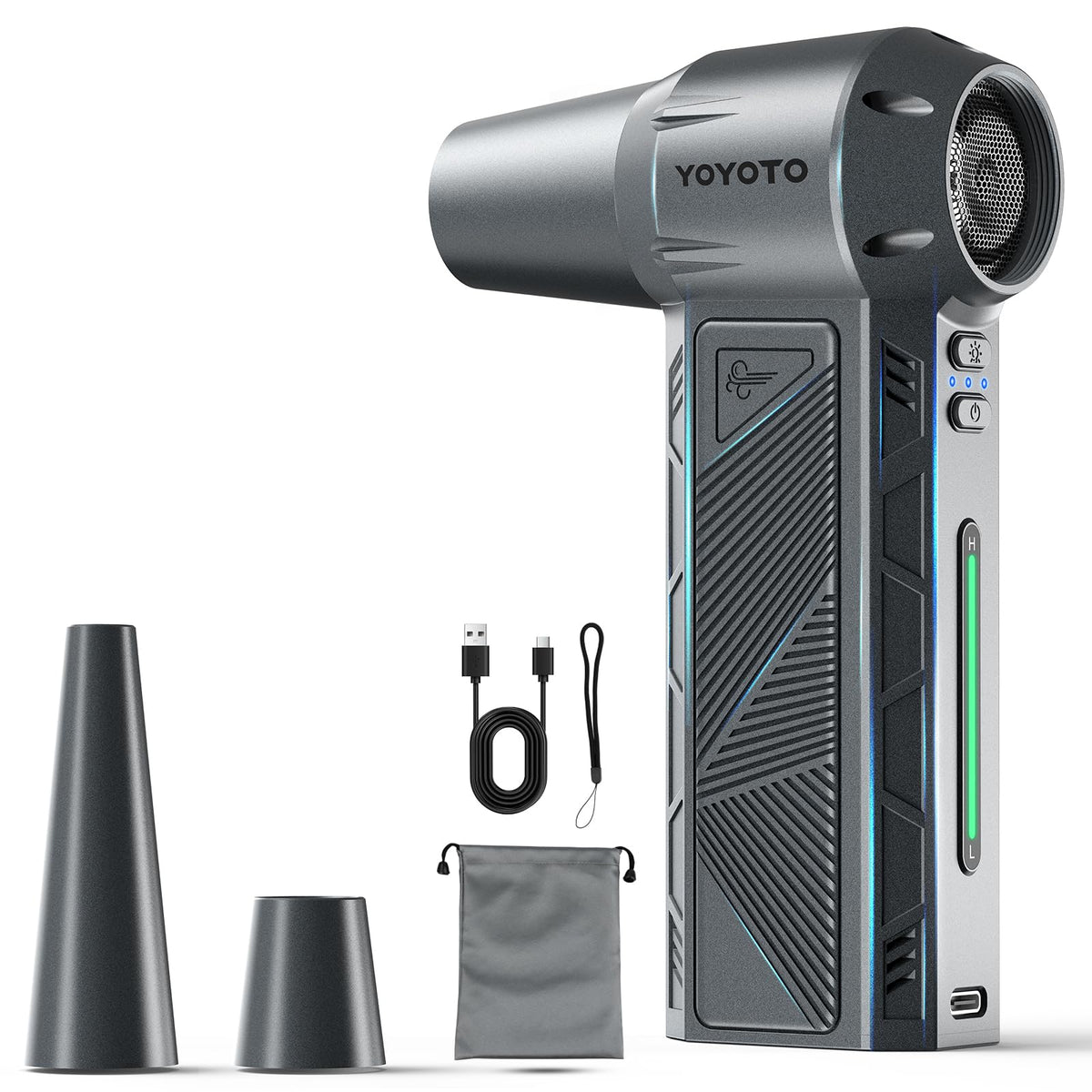 yoyoto front view silver gray handheld duster showing design and portability