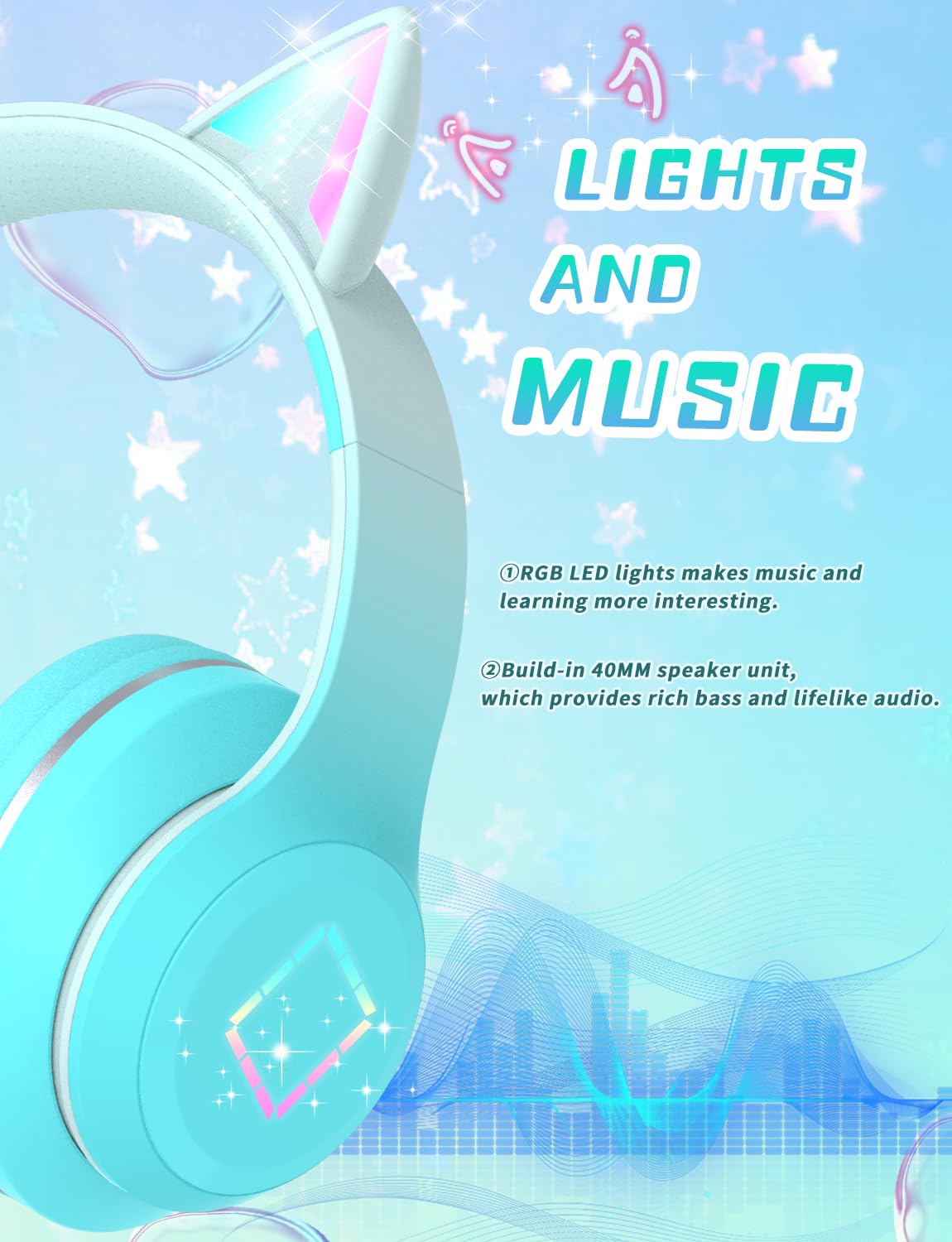 YOYOTUNE close-up of LED cat ears lit with soft glow highlighting customizable kids feature