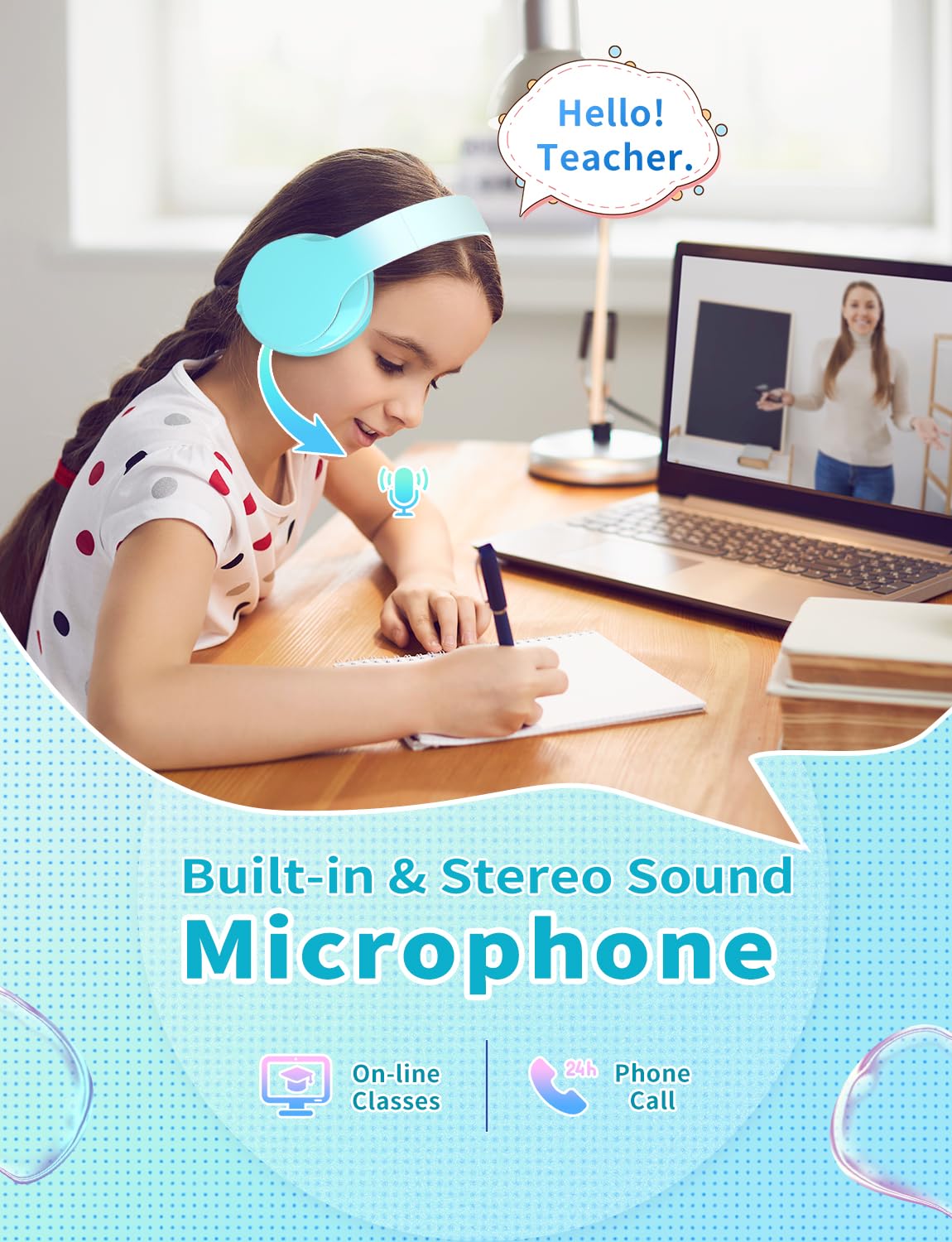 Child wearing YOYOTUNE headphones at school demonstrating comfortable fit and clear audio