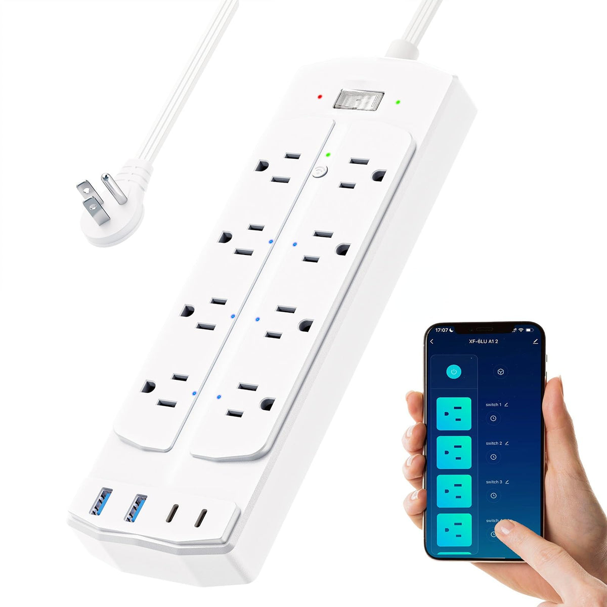Yozisital front view showing outlets and USB ports for organized charging