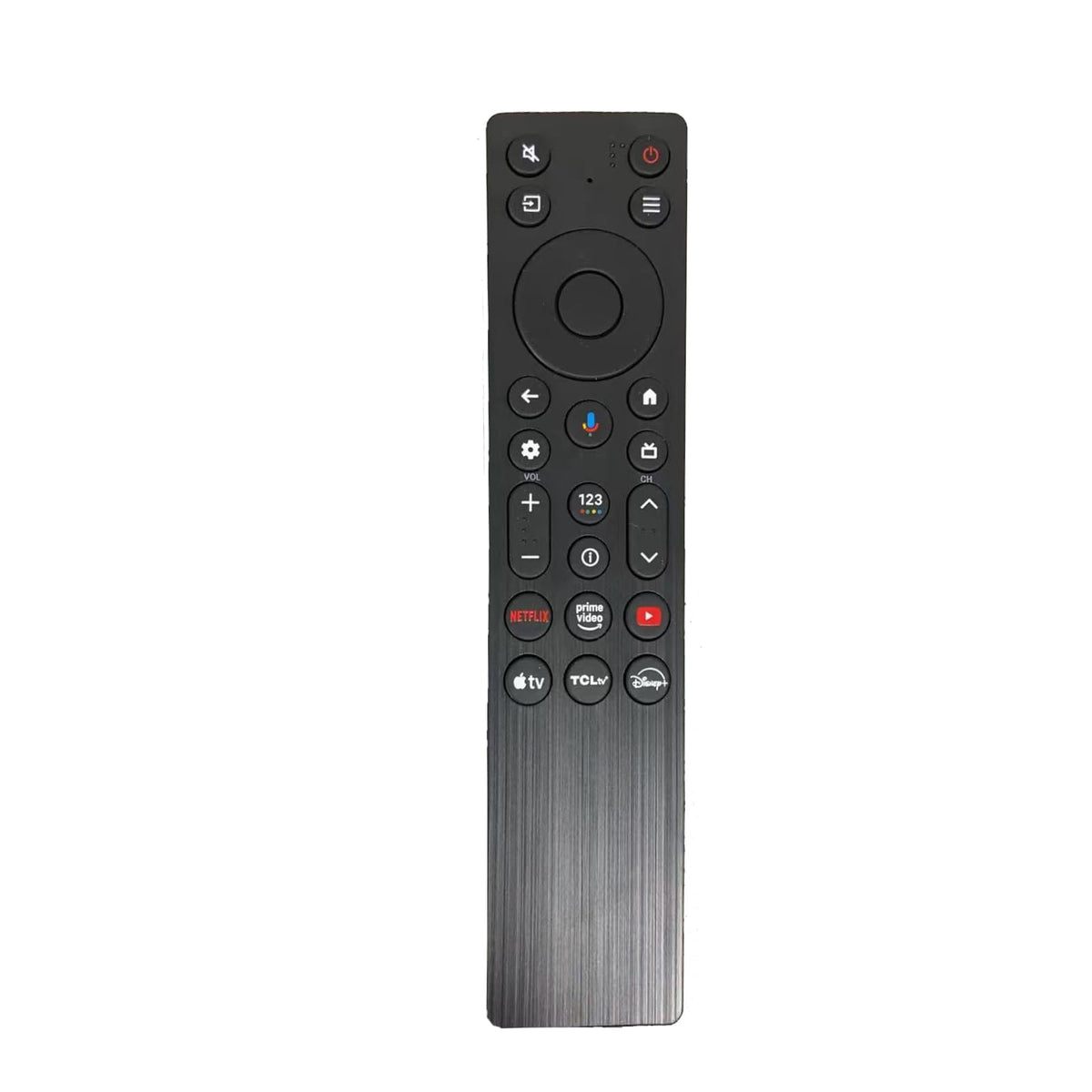 Yrtnlo RC923A FMB1 remote front view enabling easy voice control for TCL TVs.