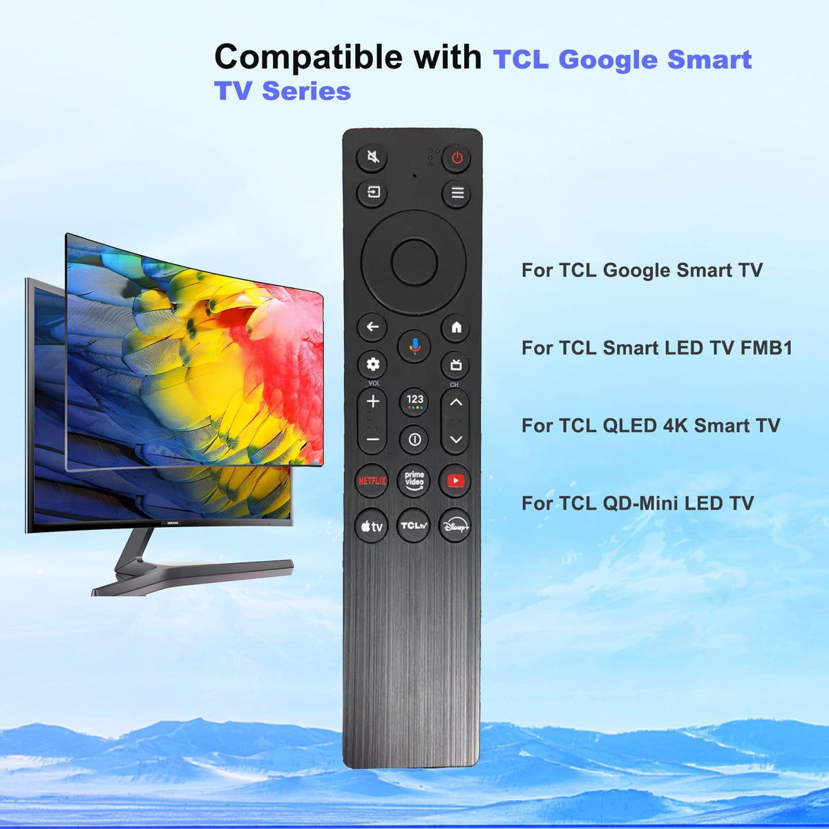 Yrtnlo RC923A FMB1 remote packaging highlighting TCL compatibility and model range.
