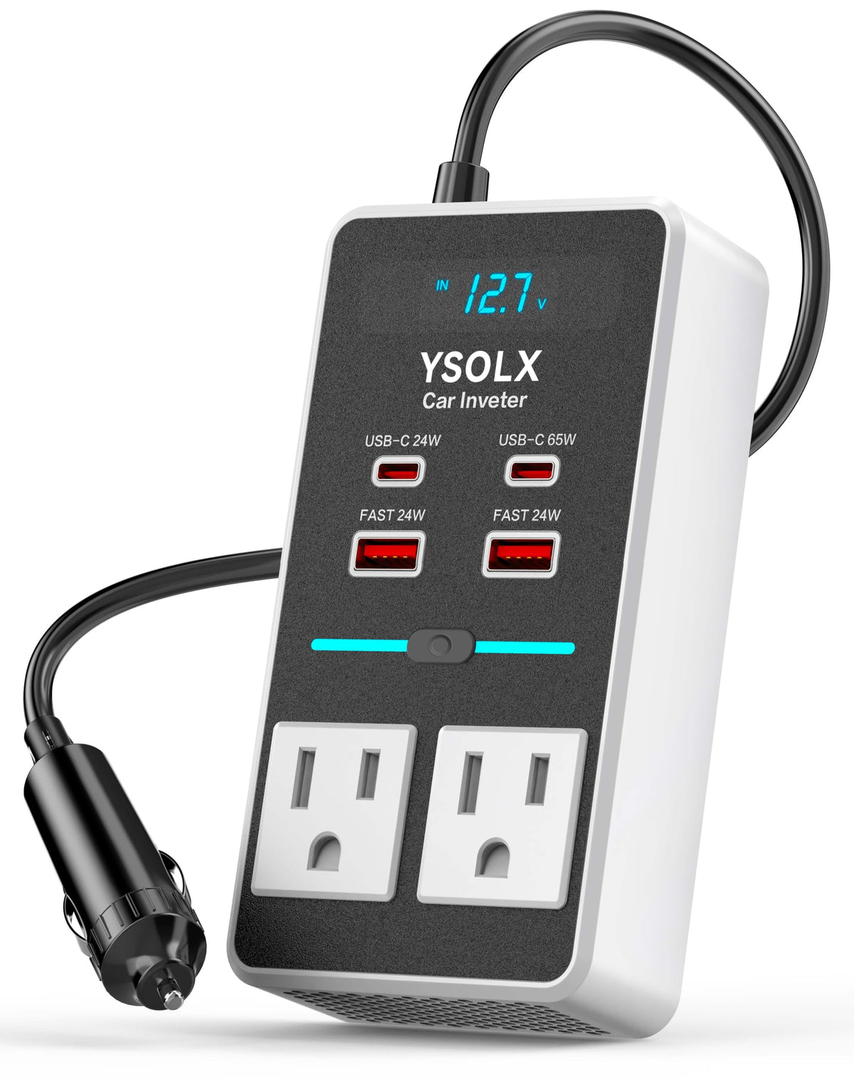 YSOLX front view showing AC outlets and USB ports for versatile charging
