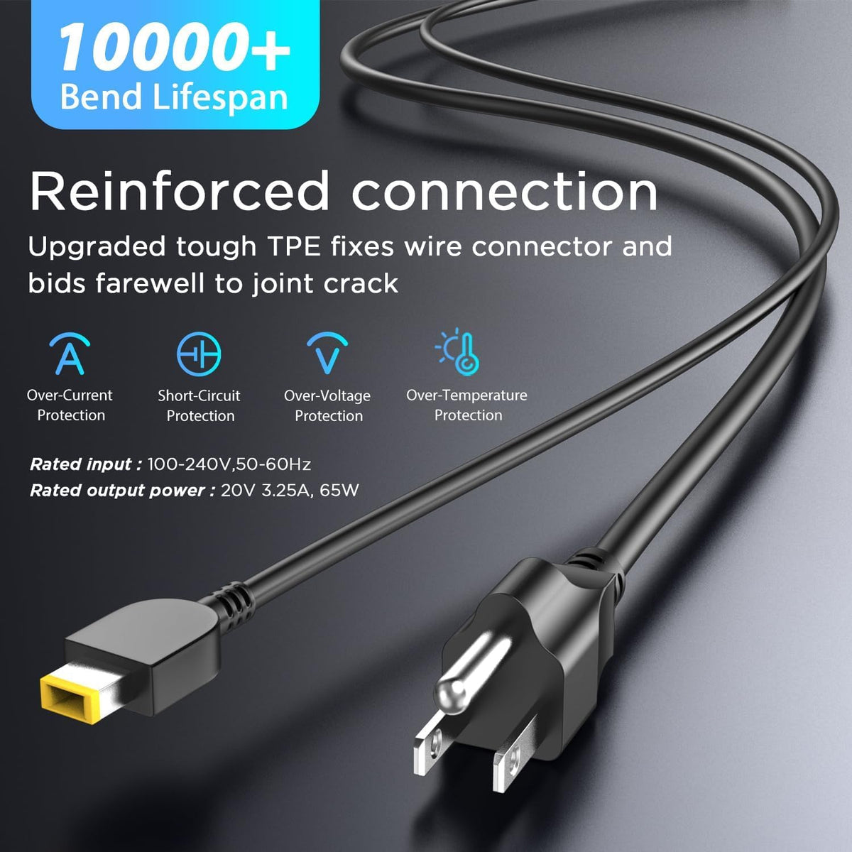 YSSTKFD 65W charger features rectangle tip for quick plug-in and stable 20V power.