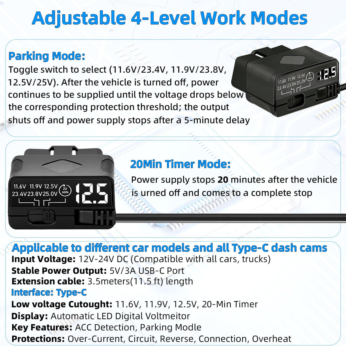 Extended 11.5ft cable keeps installation tidy under dash
