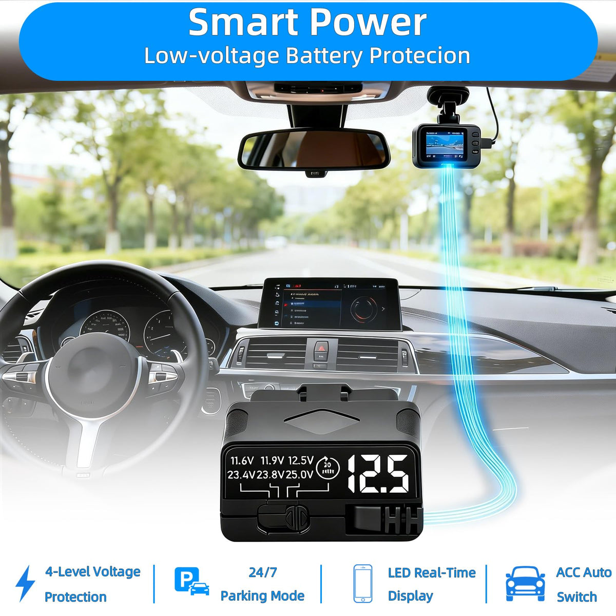 Real-time LED voltmeter on YTAIMITOP cable for quick battery checks