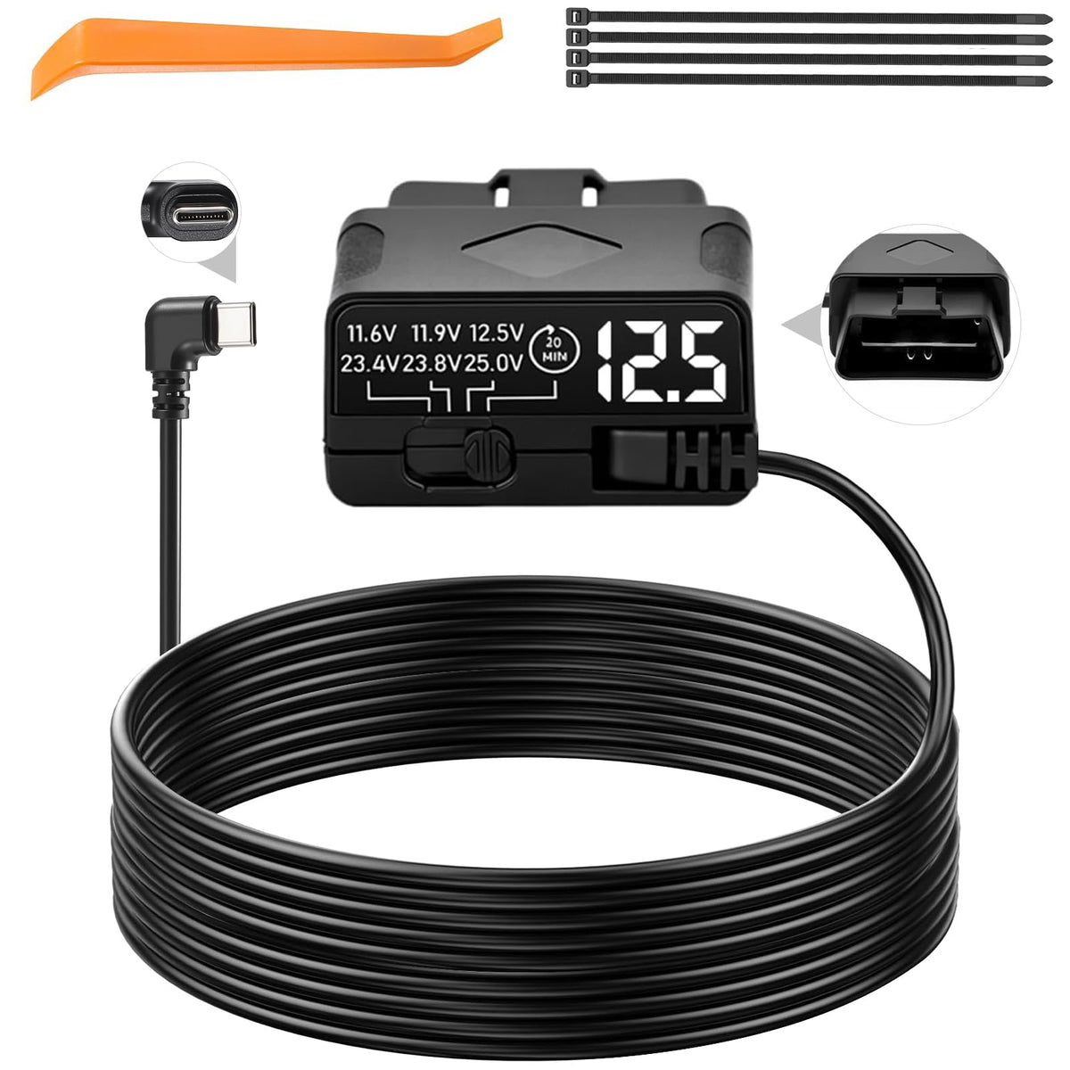 YTAIMITOP OBD2 to USB-C power cable overview for dash cam installation