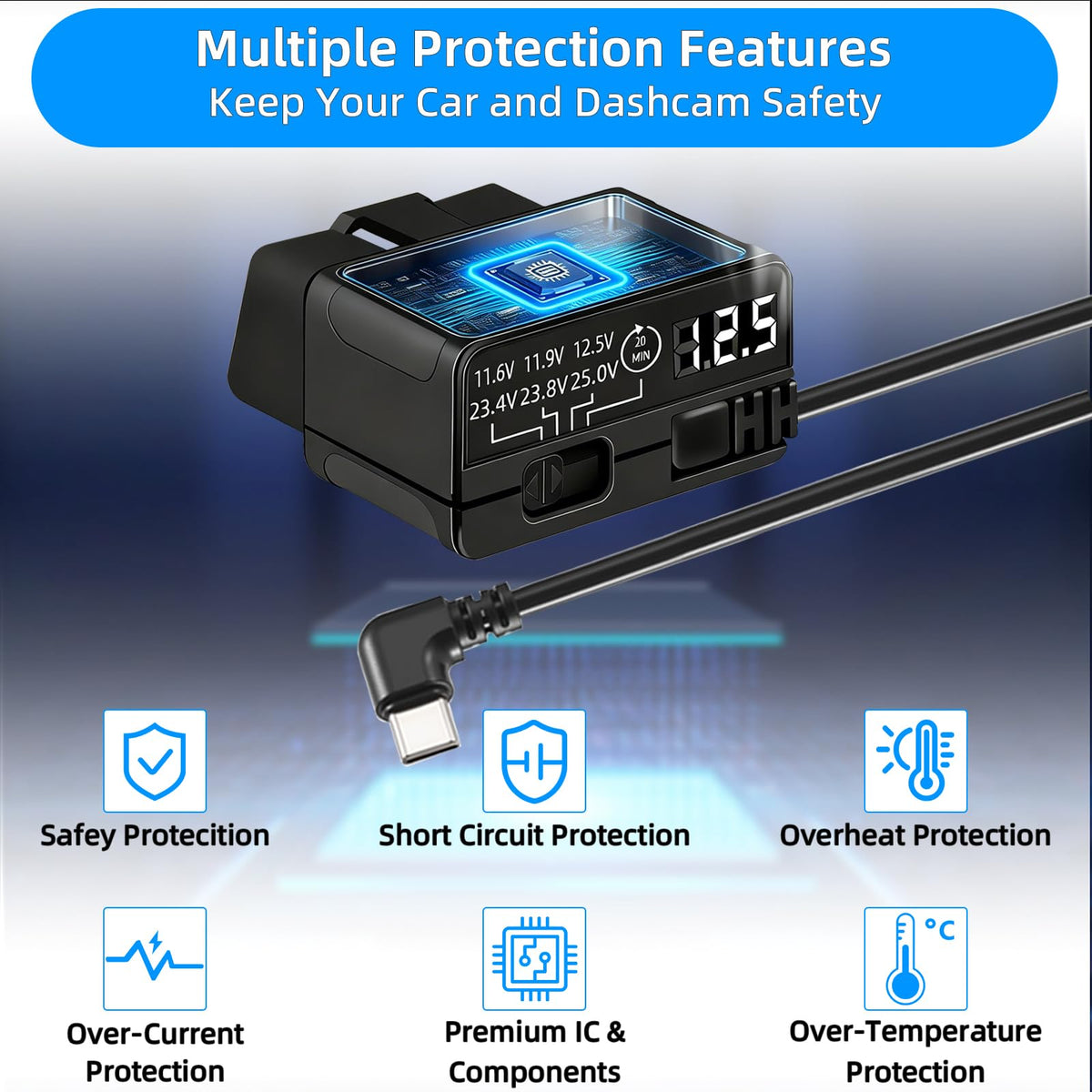 Plug-and-play OBD2 to USB-C power with no wiring risks