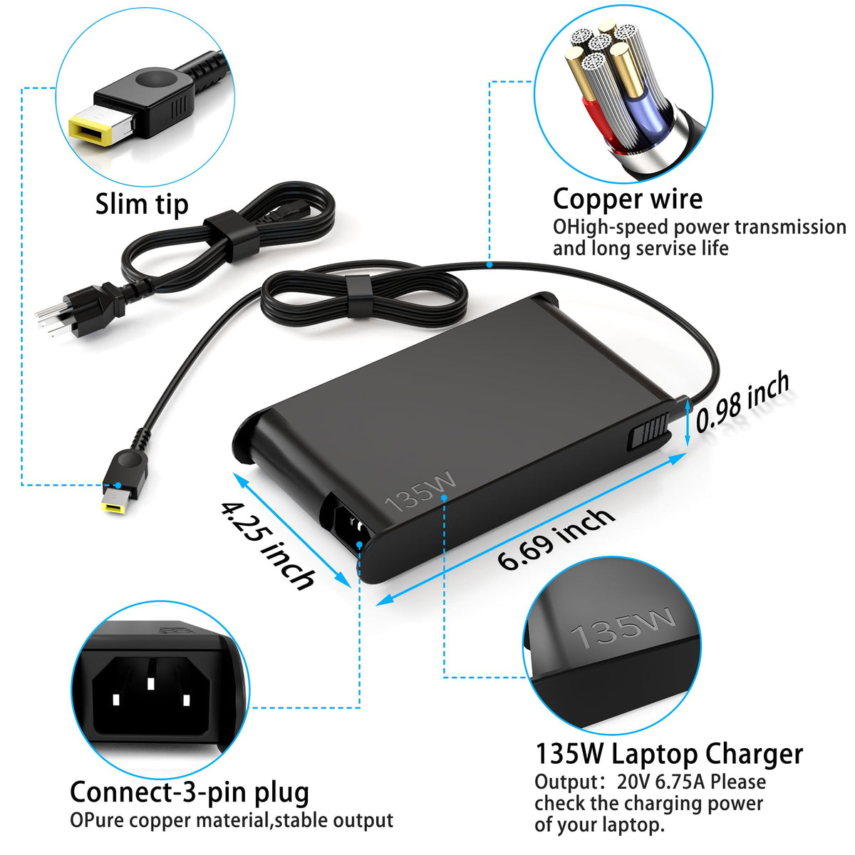 YTech power cord and plug with adapter ready to use for global compatibility