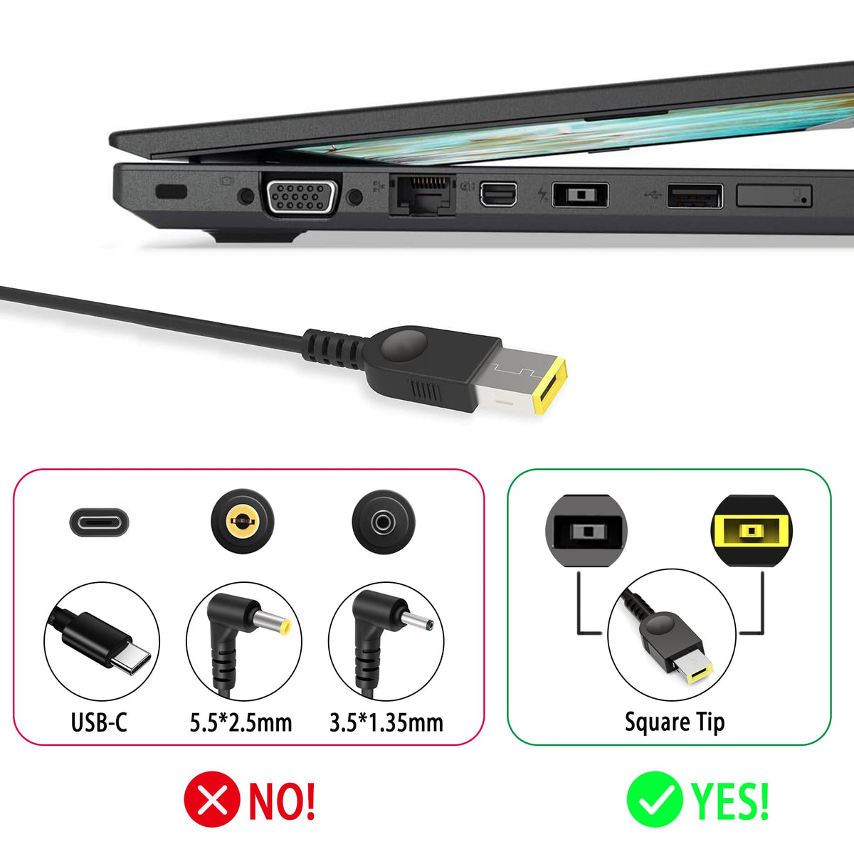YTech slim-tip close-up showing connector that fits Lenovo laptops securely