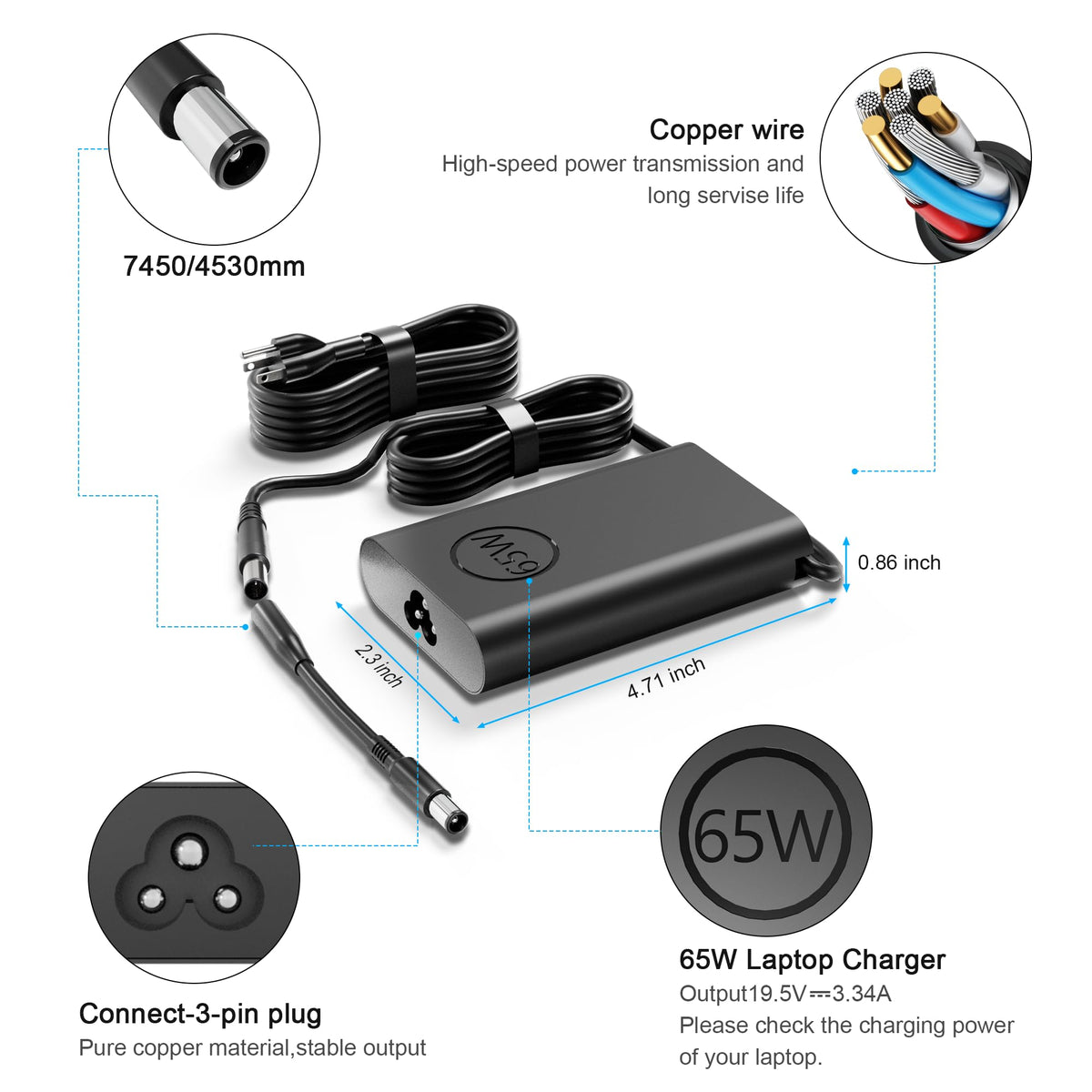 YTech 65W Dell Inspiron charger back view shows compact, travel-friendly design.