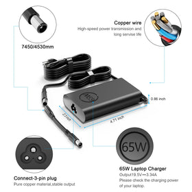 YTech 65W Dell Inspiron charger back view shows compact, travel-friendly design.