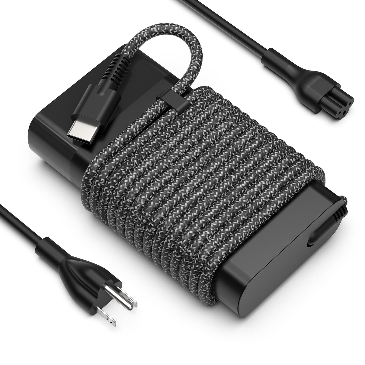 YTech 65W laptop charger front view; compact desk-friendly design.