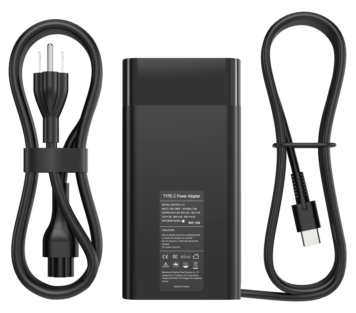 YTech 90W USB‑C front view showing compact adapter and USB‑C port for convenient charging