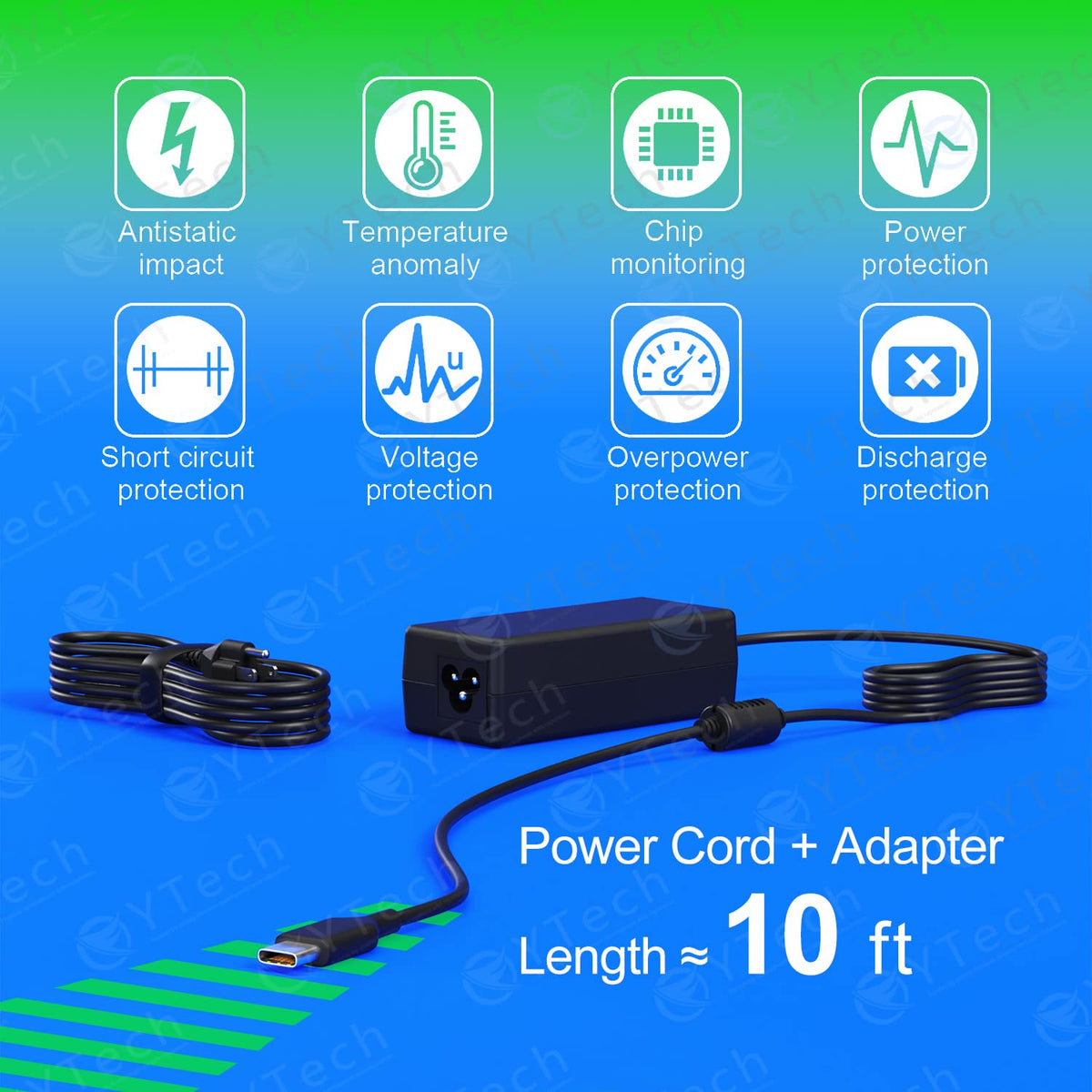 YTech compact charger design with long cable, ideal for travel.