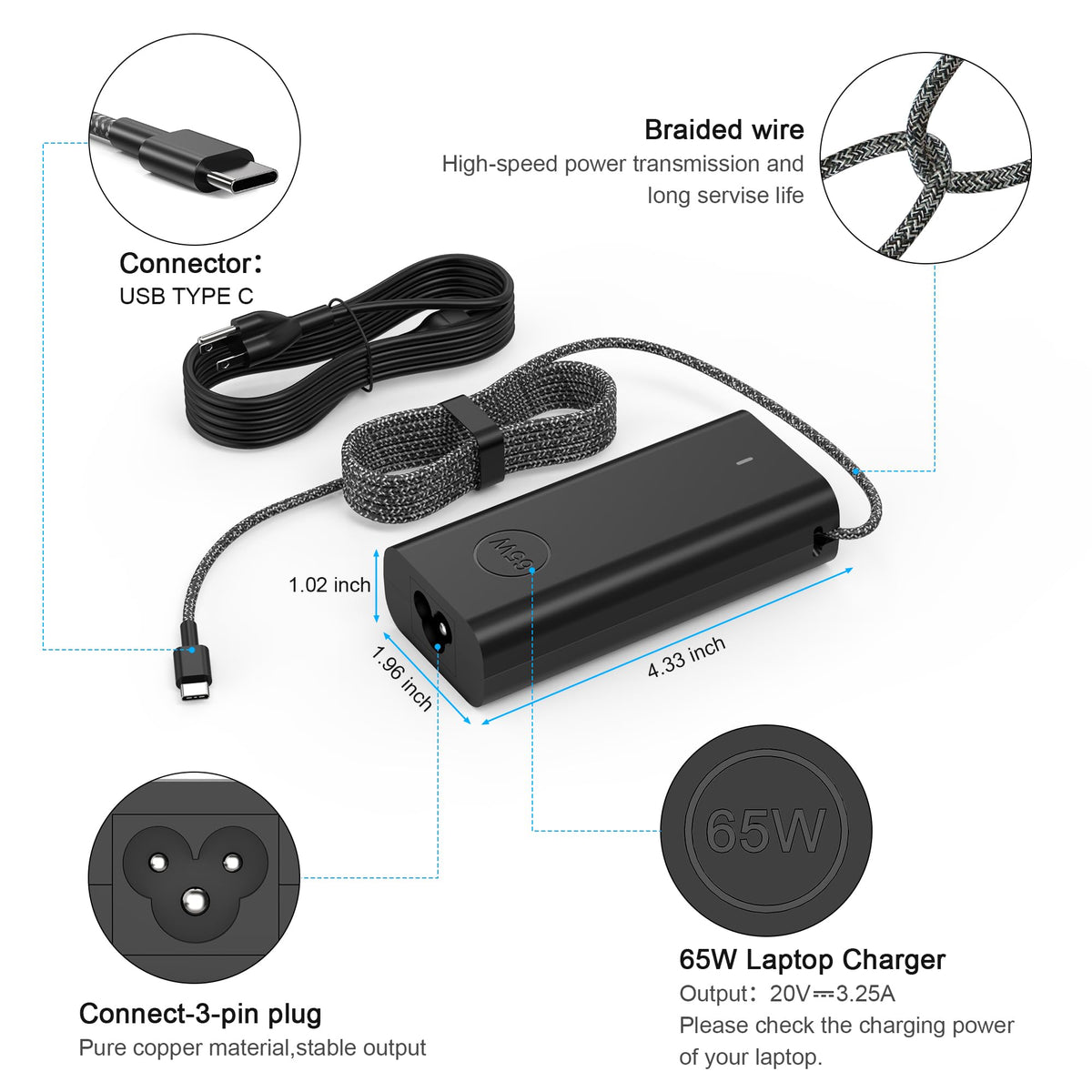 YTech Dell XPS 13 compatible charger delivering fast USB C PD charging