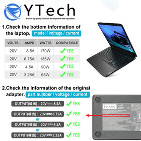 YTech power brick label showing 20V 8.5A 170W specs for safe use
