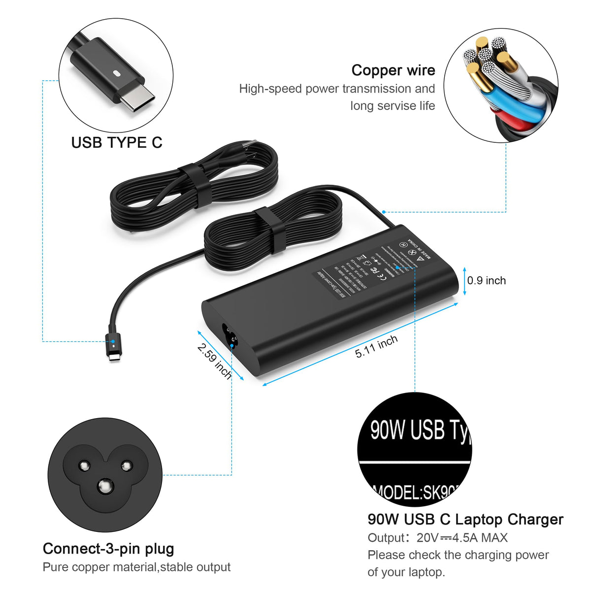 YTech Slim 90W USB-C charger angled connector for Dell Latitude laptop