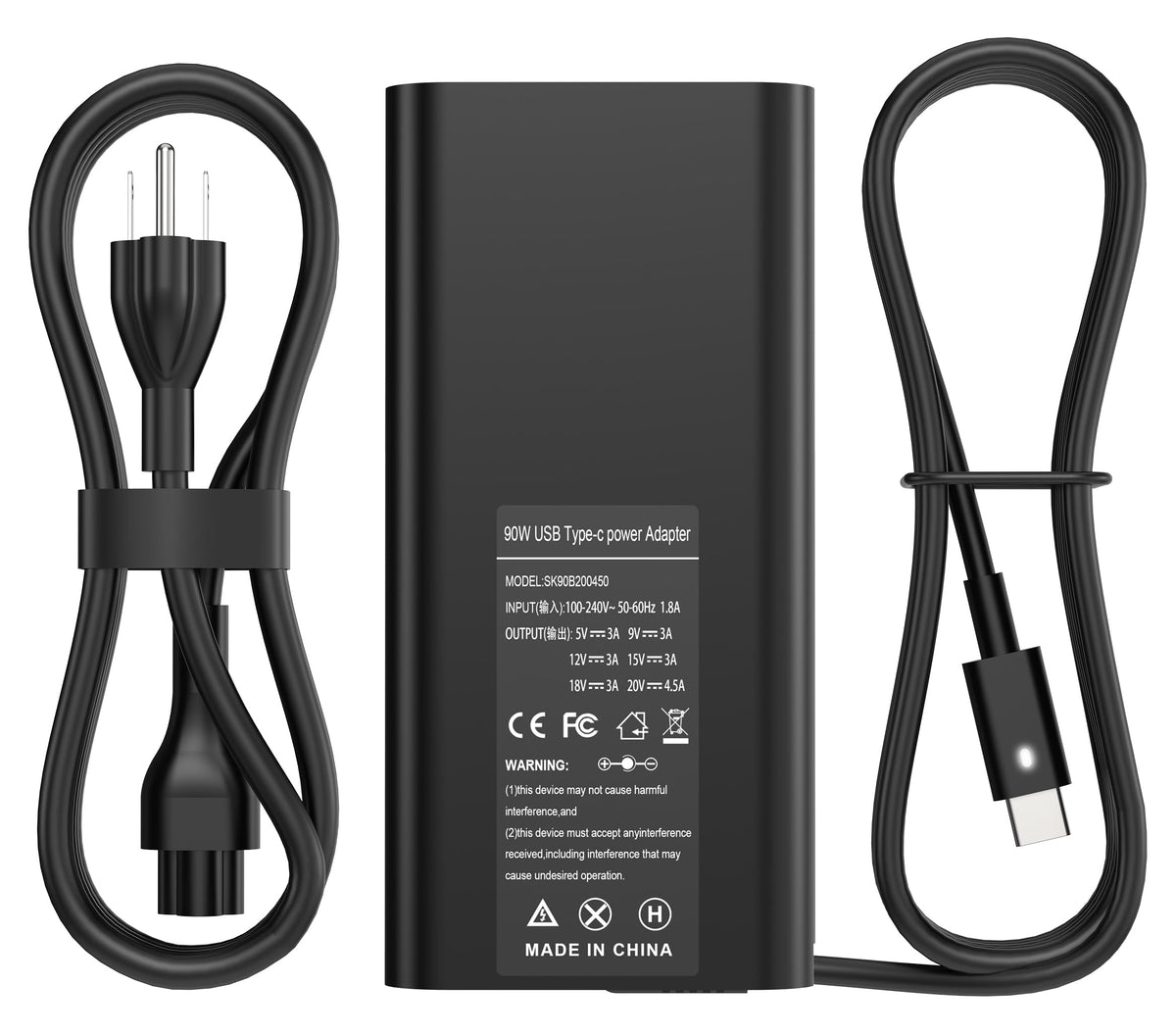 YTech Slim 90W USB-C charger front view for Dell XPS 9500, compact and travel-ready