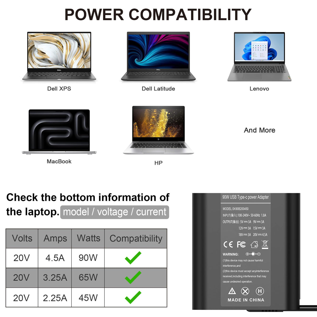 YTech Slim 90W USB-C charger side angle for Dell XPS 9700 laptop