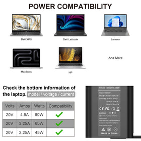 YTech Slim 90W USB-C charger side angle for Dell XPS 9700 laptop