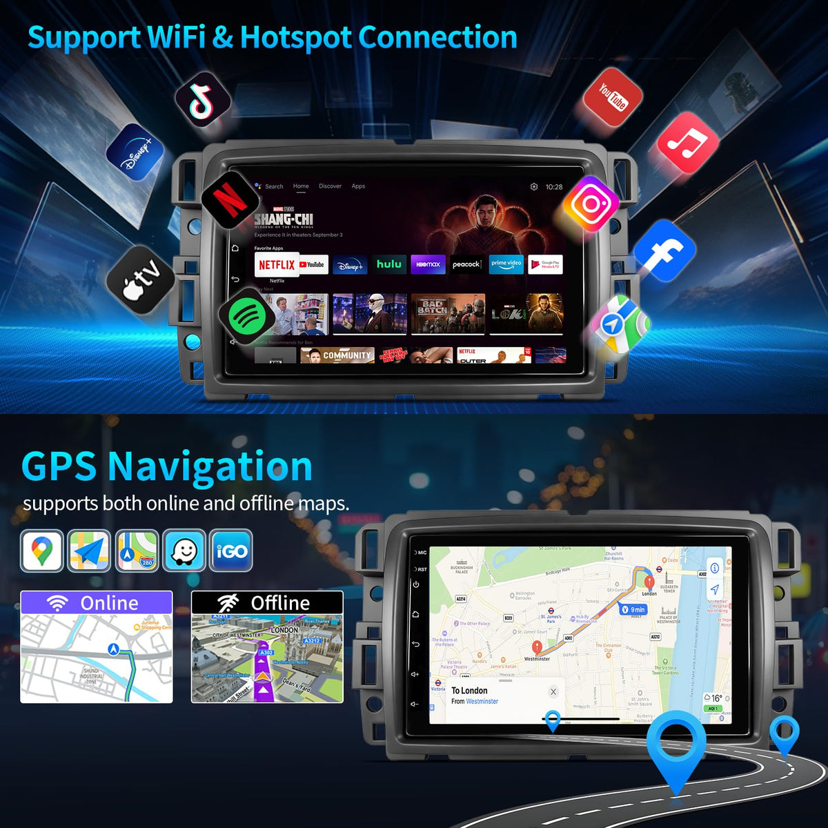 YTPIIVWEW wireless CarPlay and Android Auto for hands-free access.