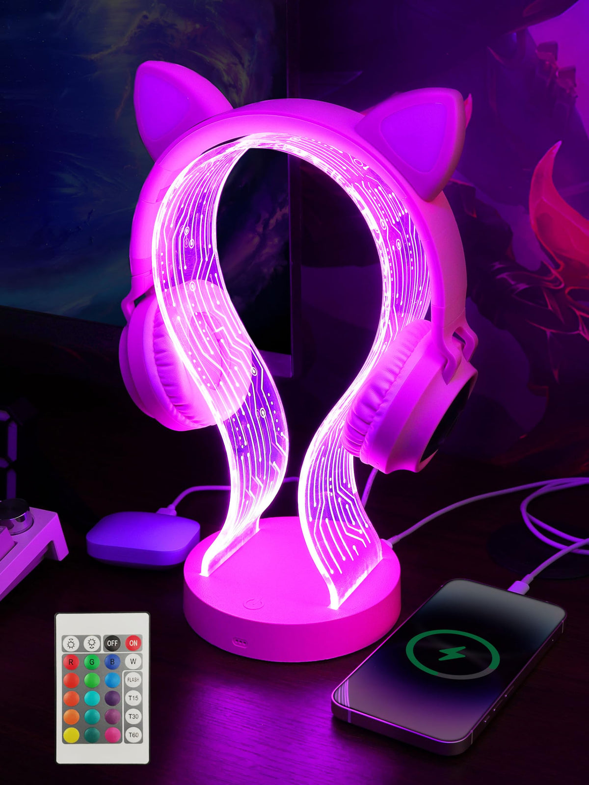 YuanDian front view of pink headphone stand showing neat headset storage benefit
