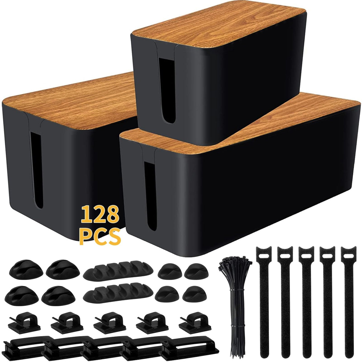 YUANYE front packaging showing three cord organizer boxes and included accessories for neat storage