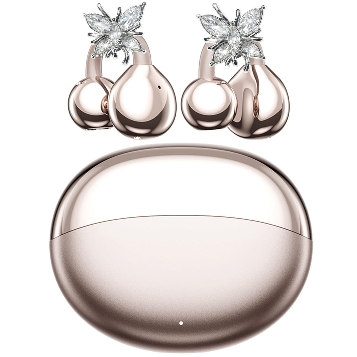 YUEHEMEI clip-on earbuds with rose-gold finish and detachable crystal butterfly earrings for chic listening