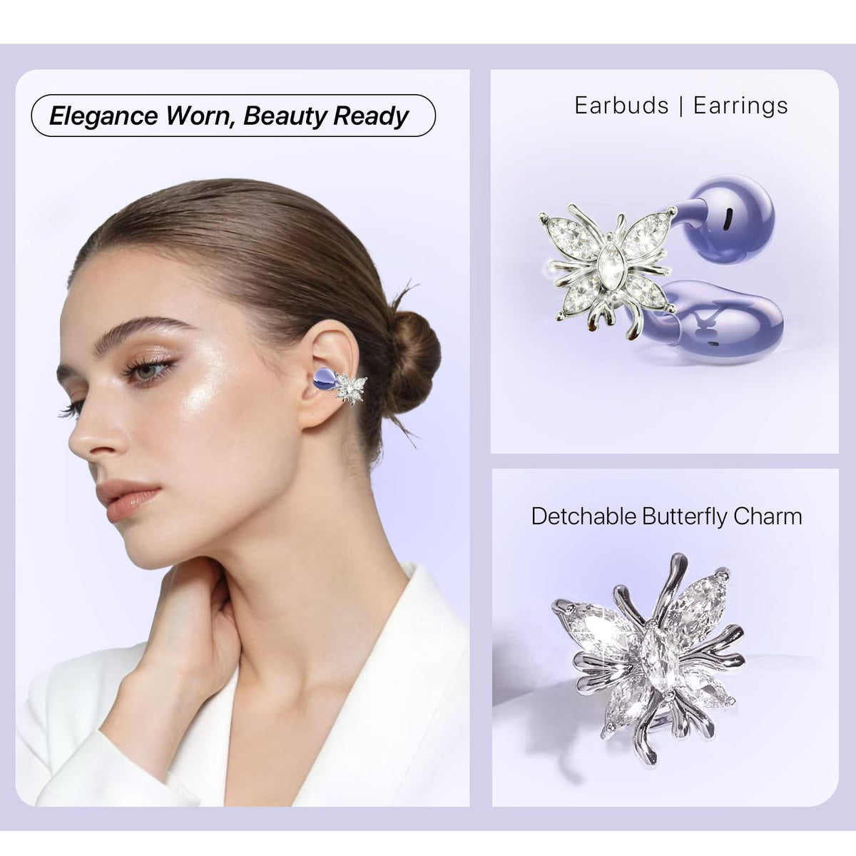 YUEHEMEI detachable crystal butterfly earrings paired with earbuds for stylish versatility.