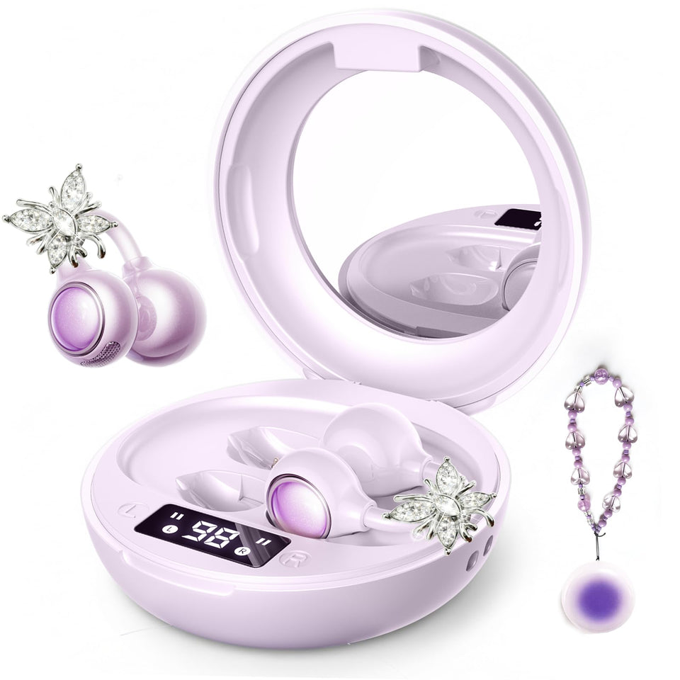 YUEHEMEI open-ear earbuds with powder-compact case for on-the-go charging and style.