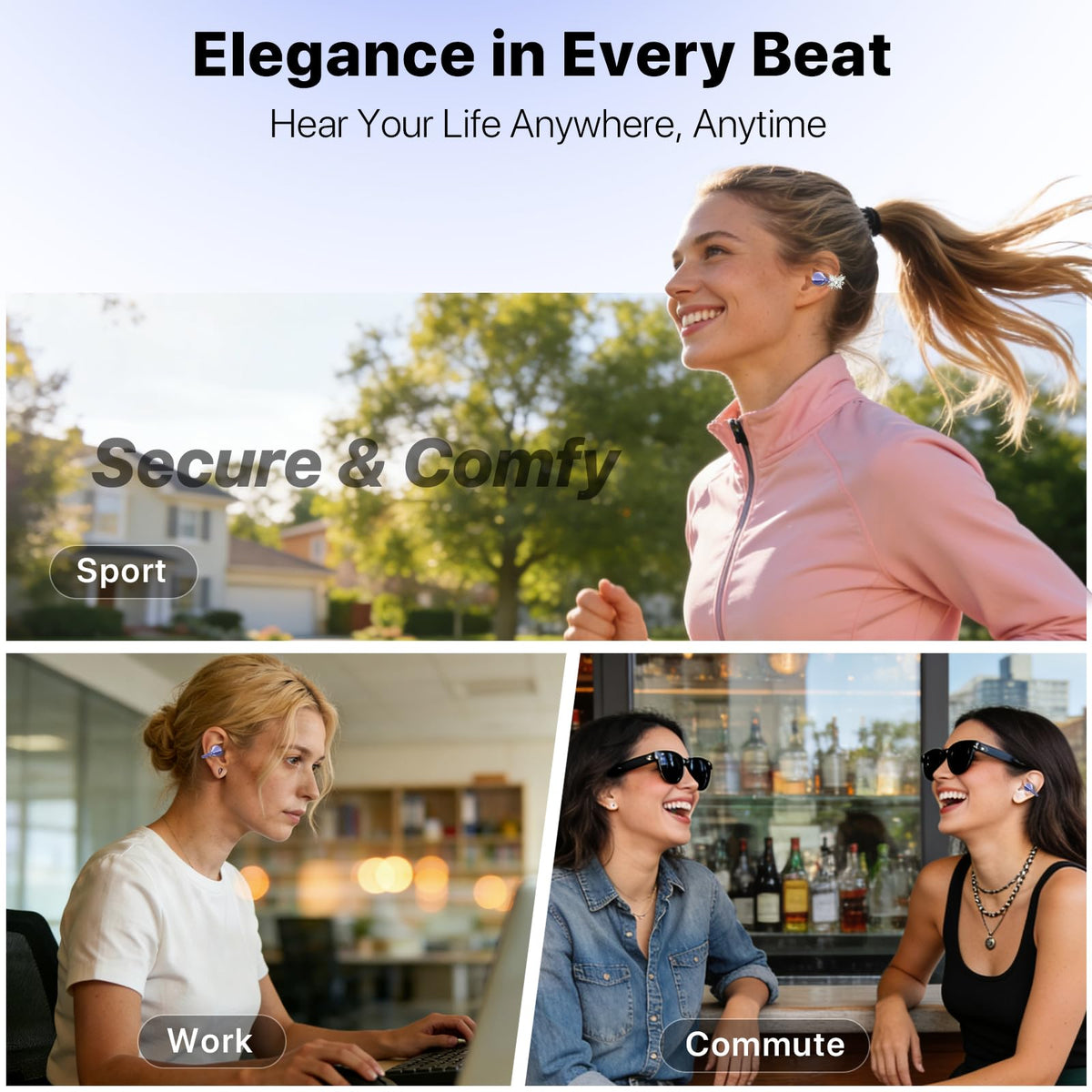YUEHEMEI open-ear design stays comfortable during work or workouts.