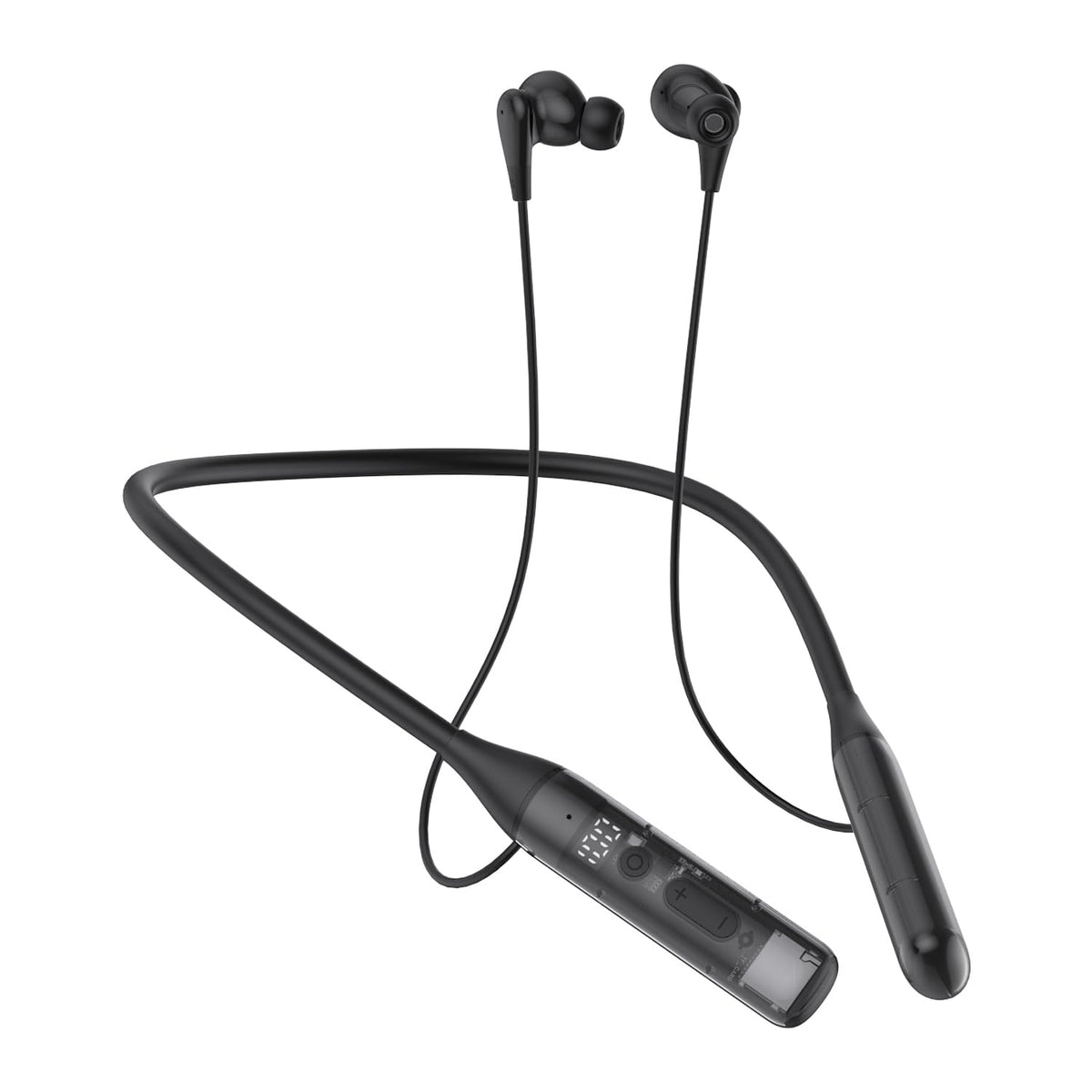 YUEPOOL neckband headphones front view in black for immersive audio experience.