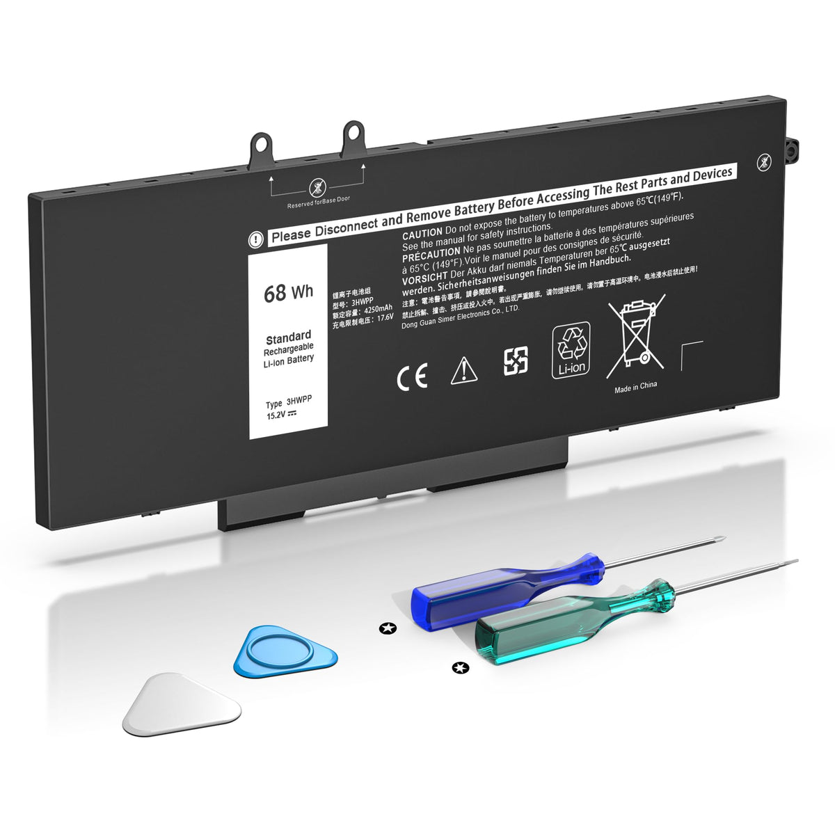 YUERYE 3HWPP battery front view shows compact 68Wh capacity for Dell Latitude.