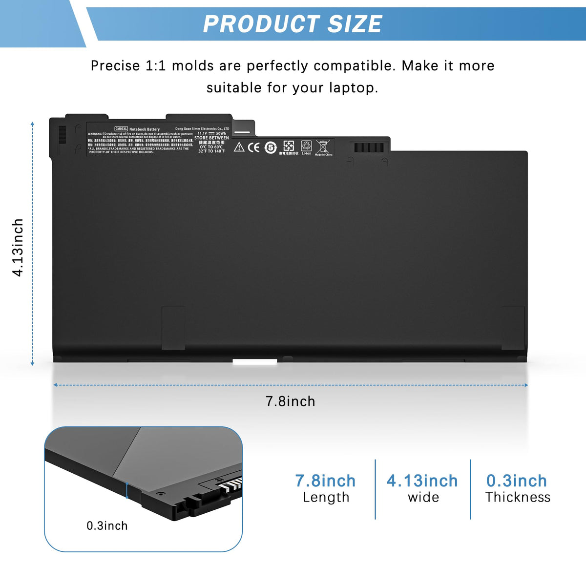 YUERYE CM03XL battery label with part numbers for quick swaps.