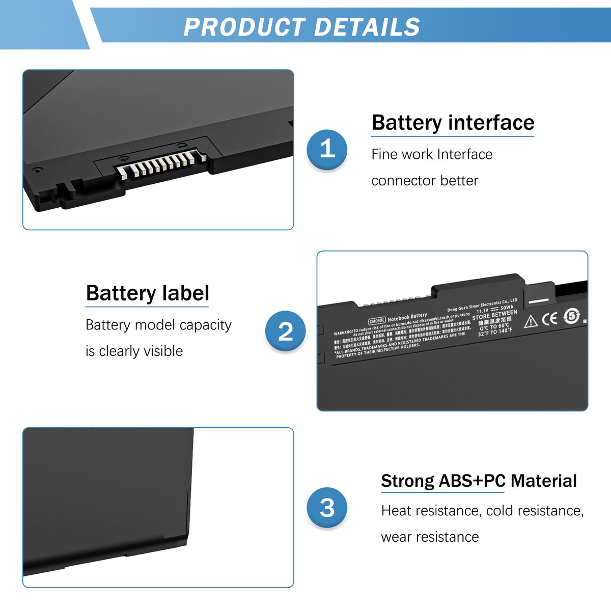YUERYE CM03XL battery side view showing slim profile for easy integration.