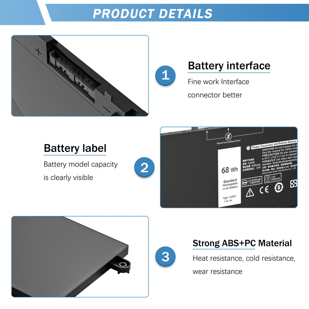 YUERYE GJKNX 68Wh battery side view for Latitude 5490 demonstrates compact fit
