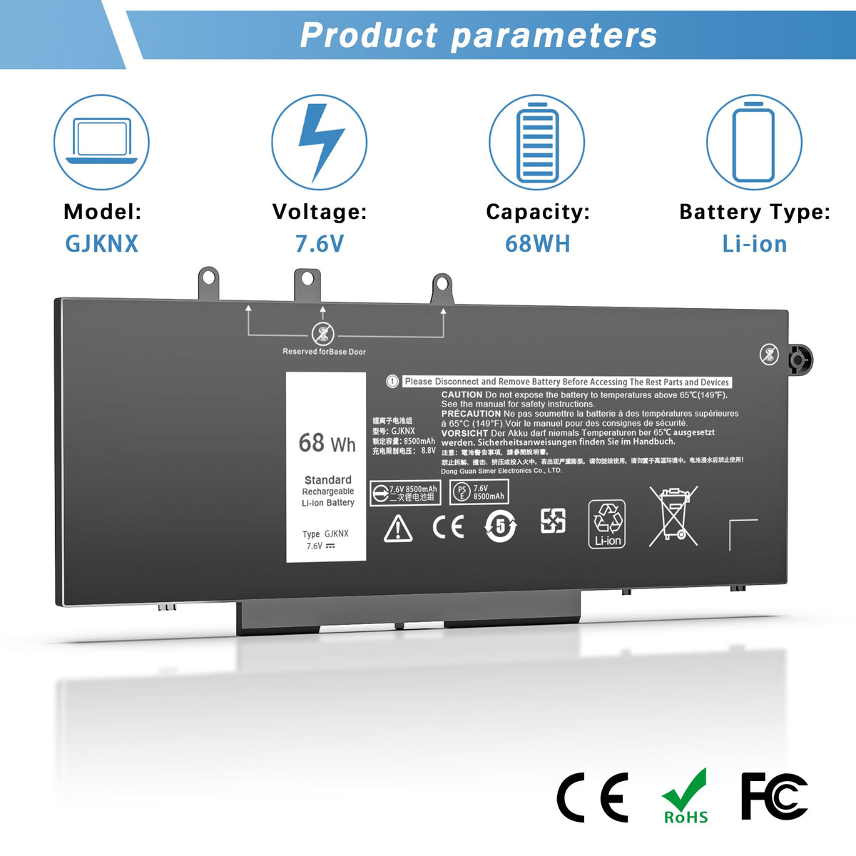 YUERYE GJKNX 68Wh battery label detail shows replacement compatibility