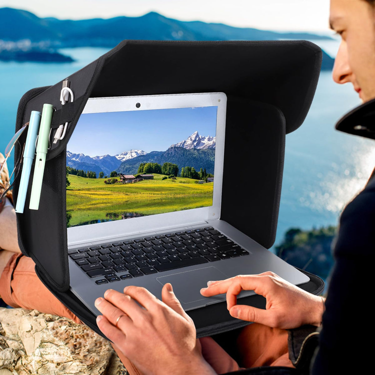 YUMTIM side view attached to laptop preserving ports and keyboard access