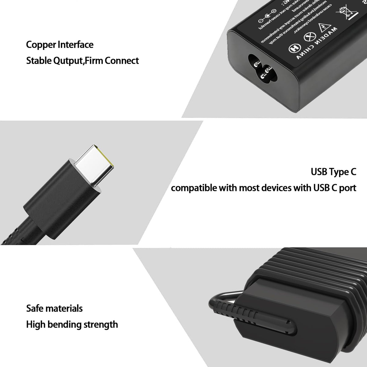 Yuncaiiz 65W USB-C Charger port and connector shown for universal device compatibility.