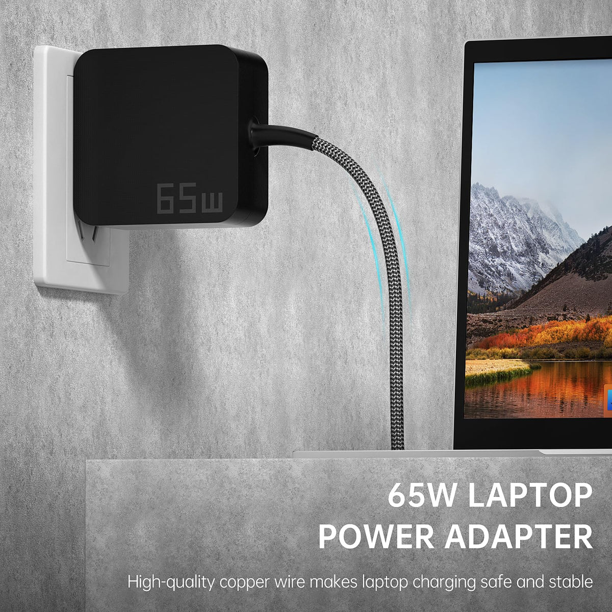 Yuncaiiz 65W USB-C charger connected to laptop delivering reliable power