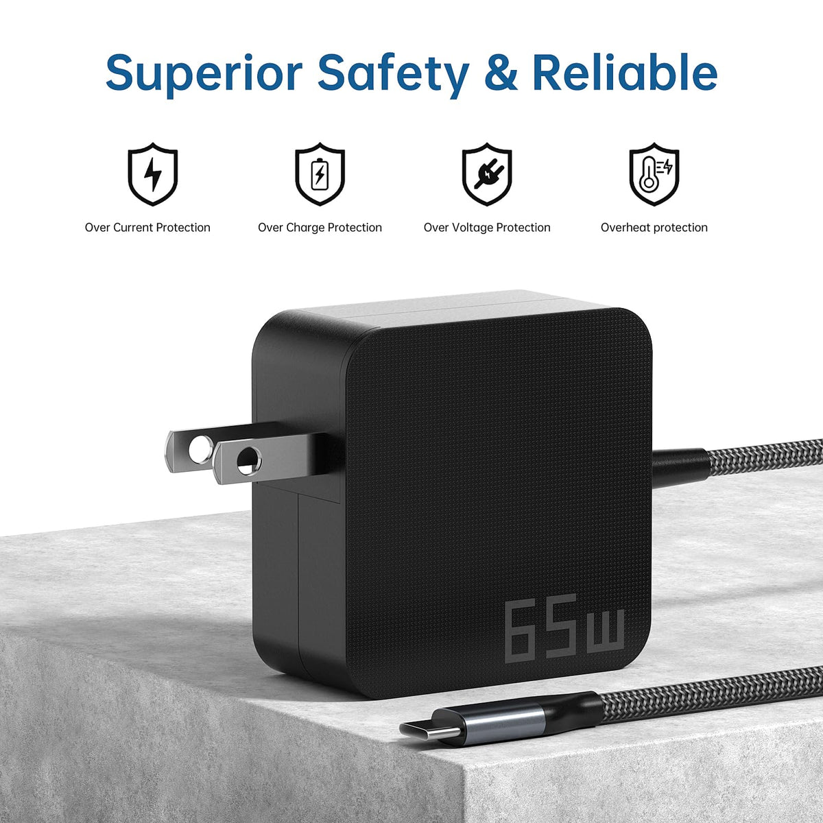 Yuncaiiz 65W USB-C charger side profile showing compact travel footprint