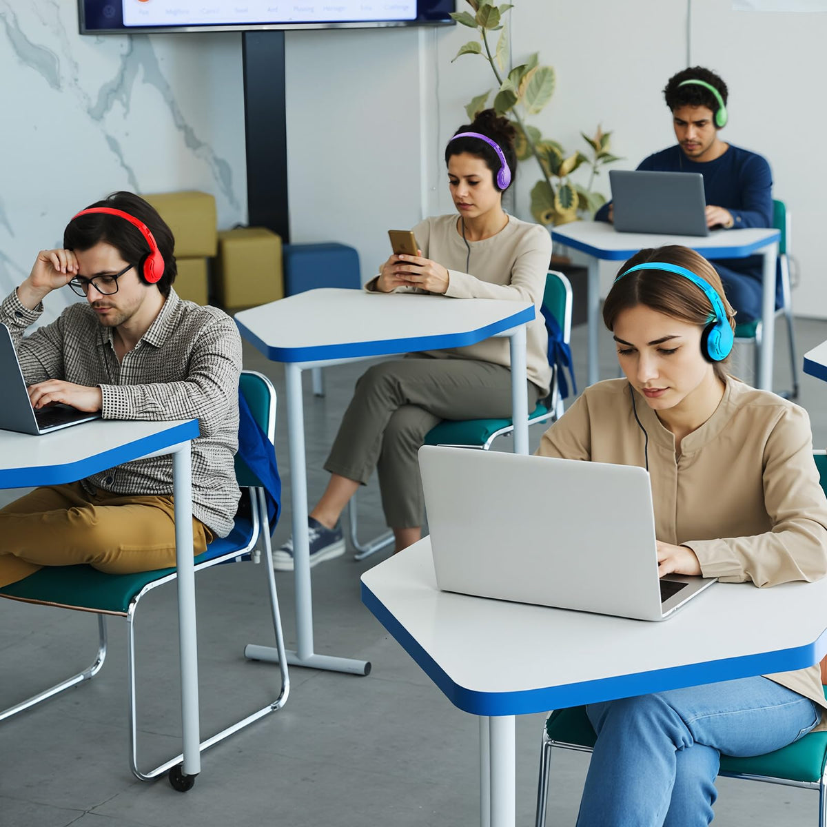 Yunsailing headset on student at computer lab showing practical classroom use