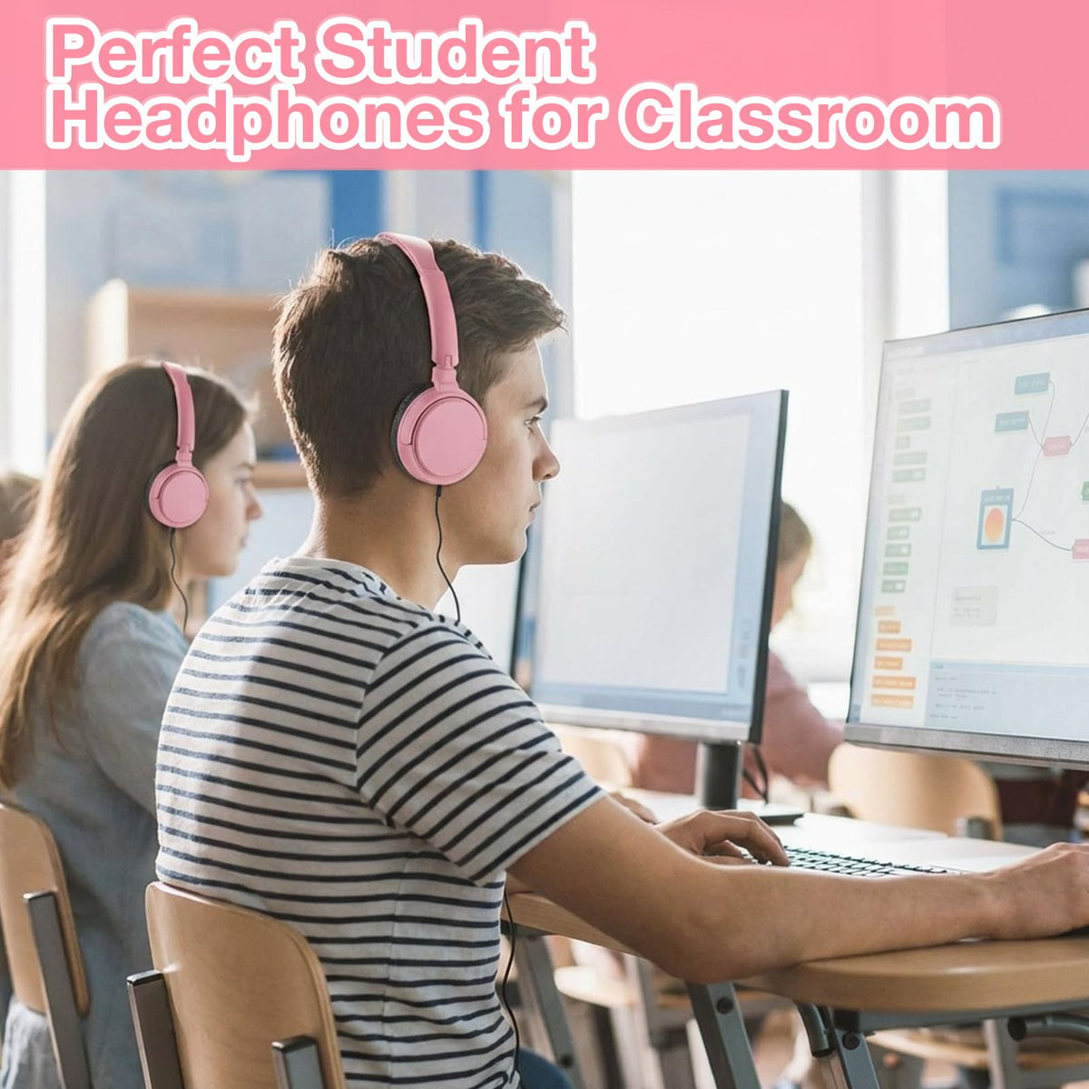 Yunsailing headphones in classroom with students using them for focused learning benefit