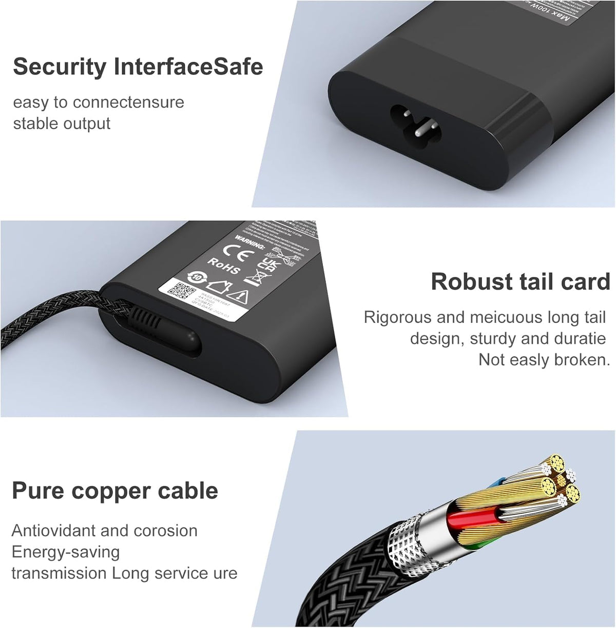 YURCIPWE 100W USB-C charger USB-C port detail, easy plug-and-play charging for HP devices.