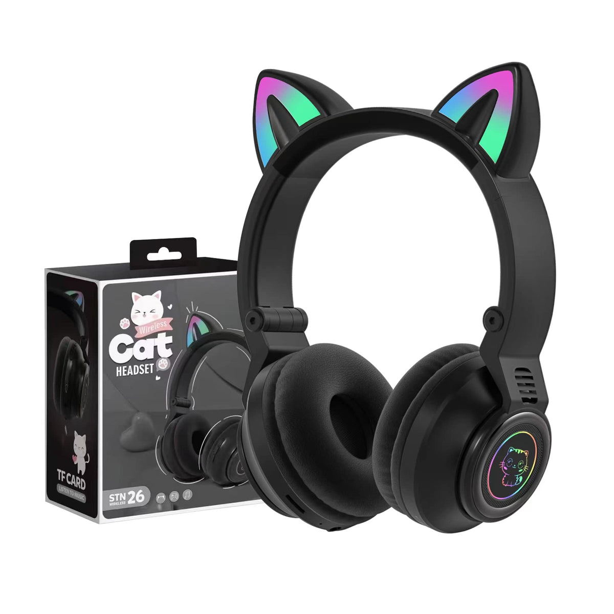 YUSONIC cat-ear headphones with LED lights pulse to music for playful listening.